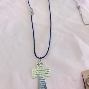 Silver cross with serenity prayer pendant on 17” adjustable corded necklace.